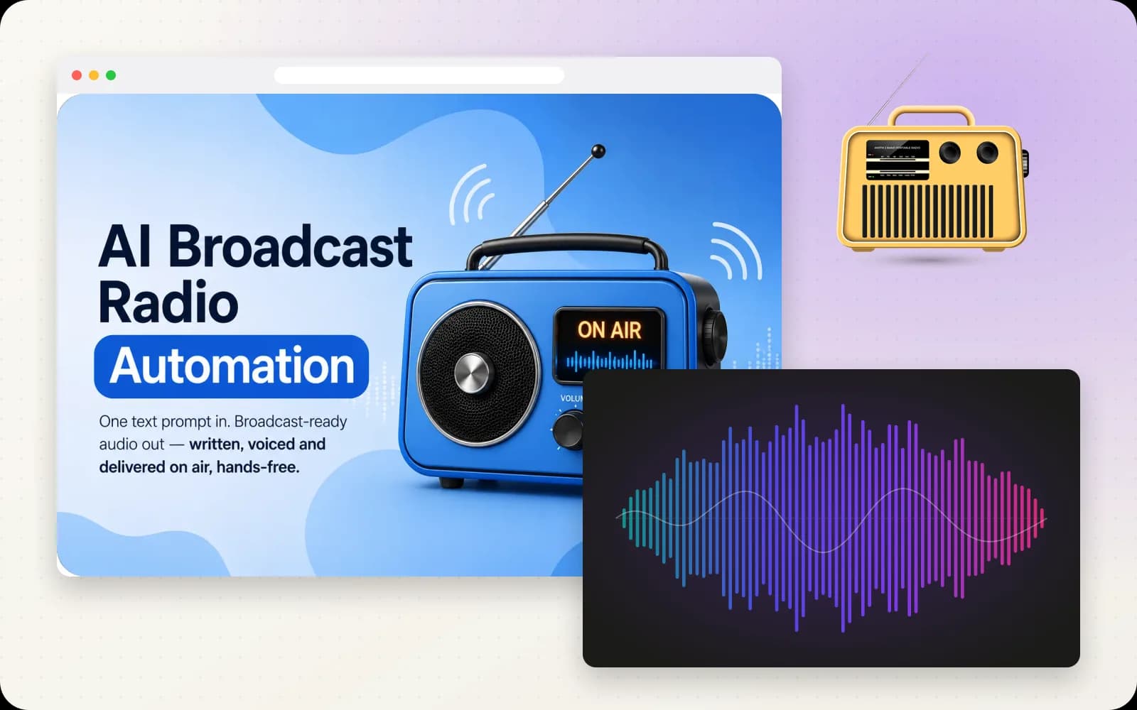 AI Broadcast Radio Automation cover in a browser window, with the voice waveform and the retro radio illustration