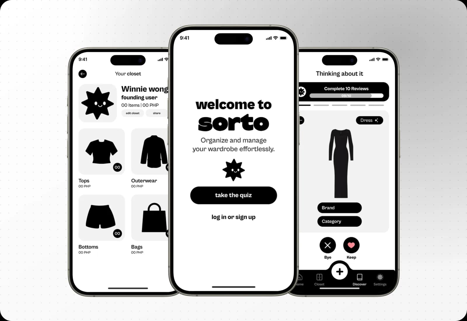 Three SORTO screens: the closet with clothing categories, the welcome screen with the star mascot, and the keep or let go review