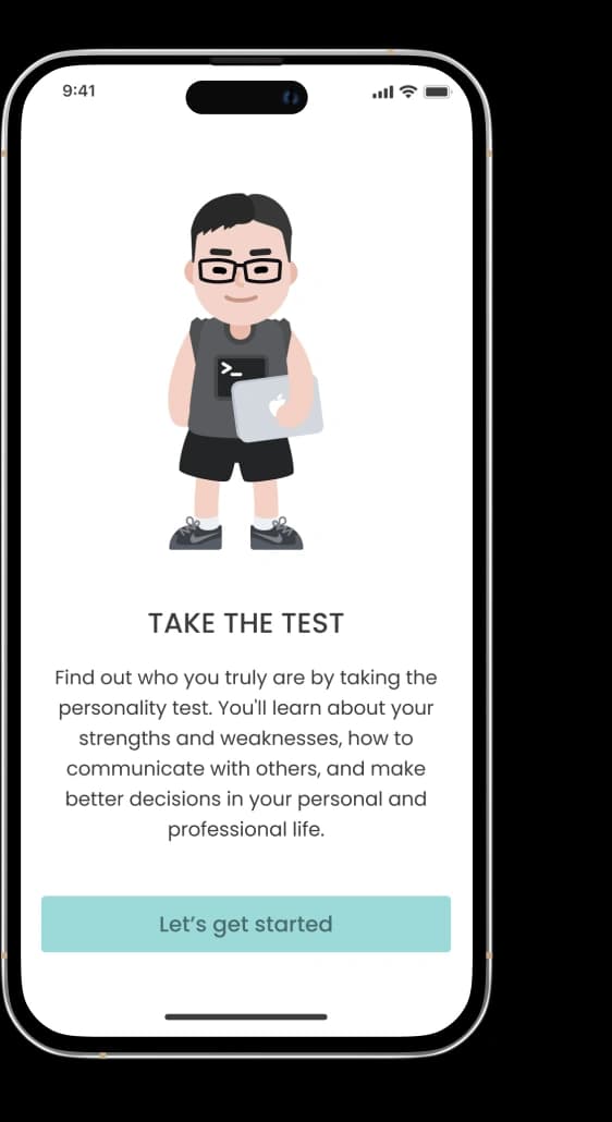 Take the test introduction screen with an illustrated character