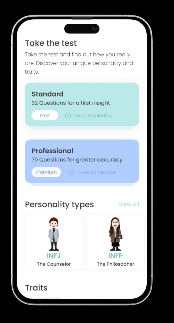 Take the test screen with Standard and Professional test options and personality types