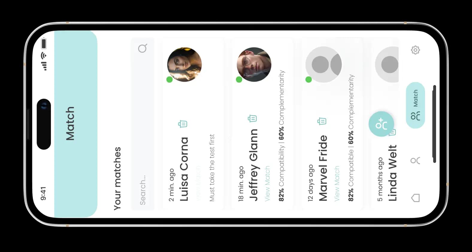 Match list screen with compatibility and complementarity percentages