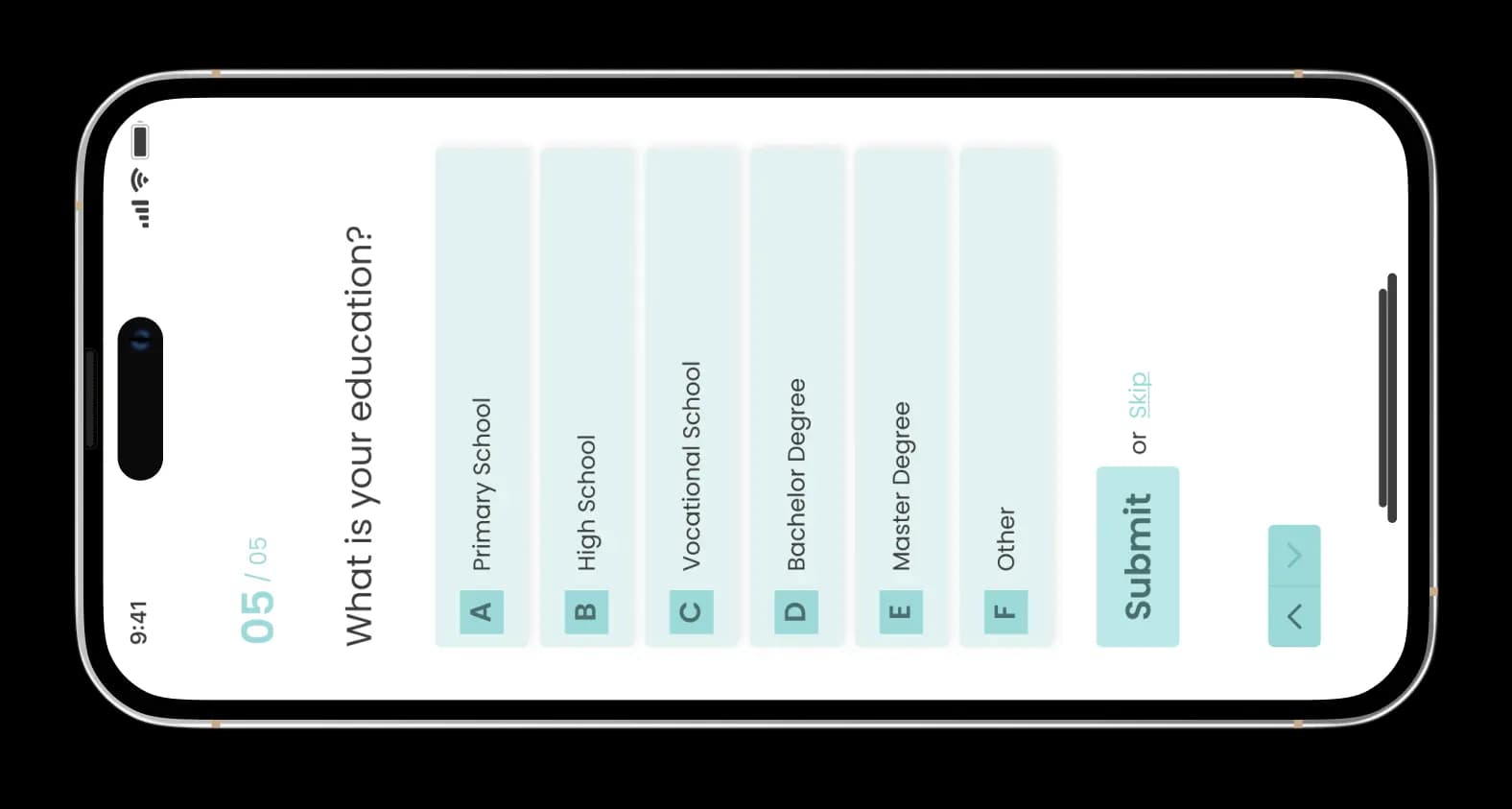 Test question screen asking about education, with lettered answer options