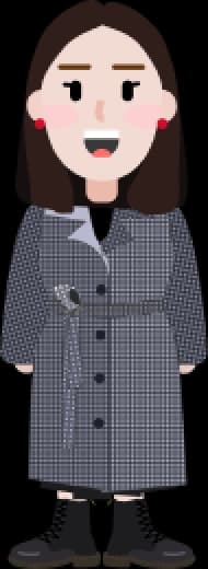 Illustrated woman in a gray coat, one of the app's personality characters