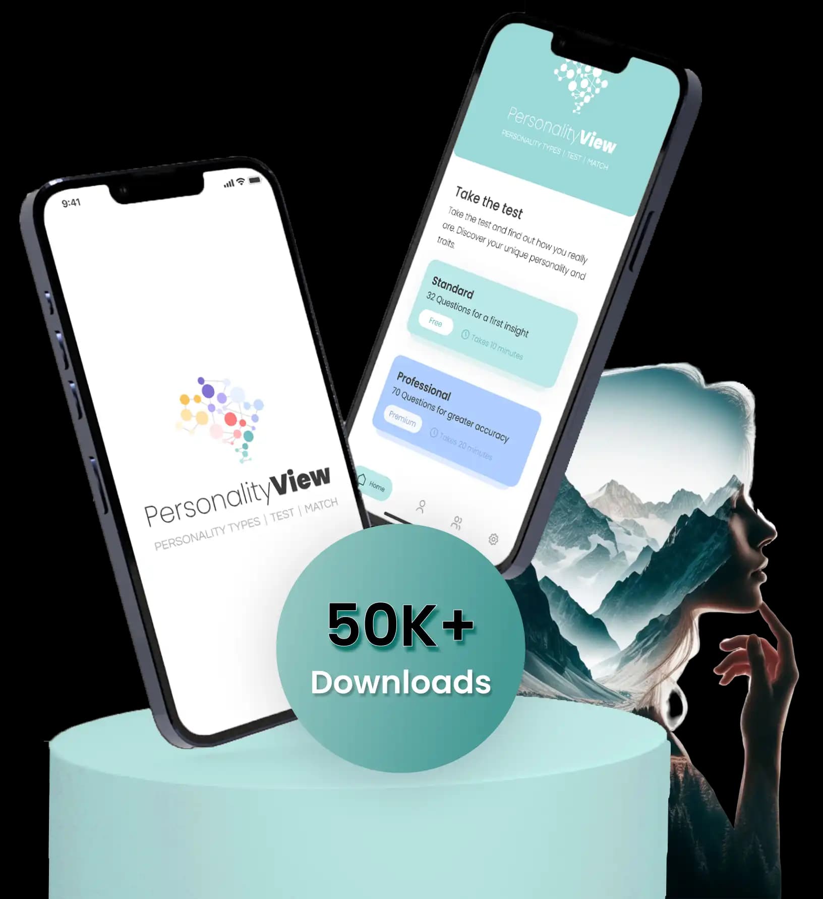 Personality View app on two phones, with the 50K+ downloads badge