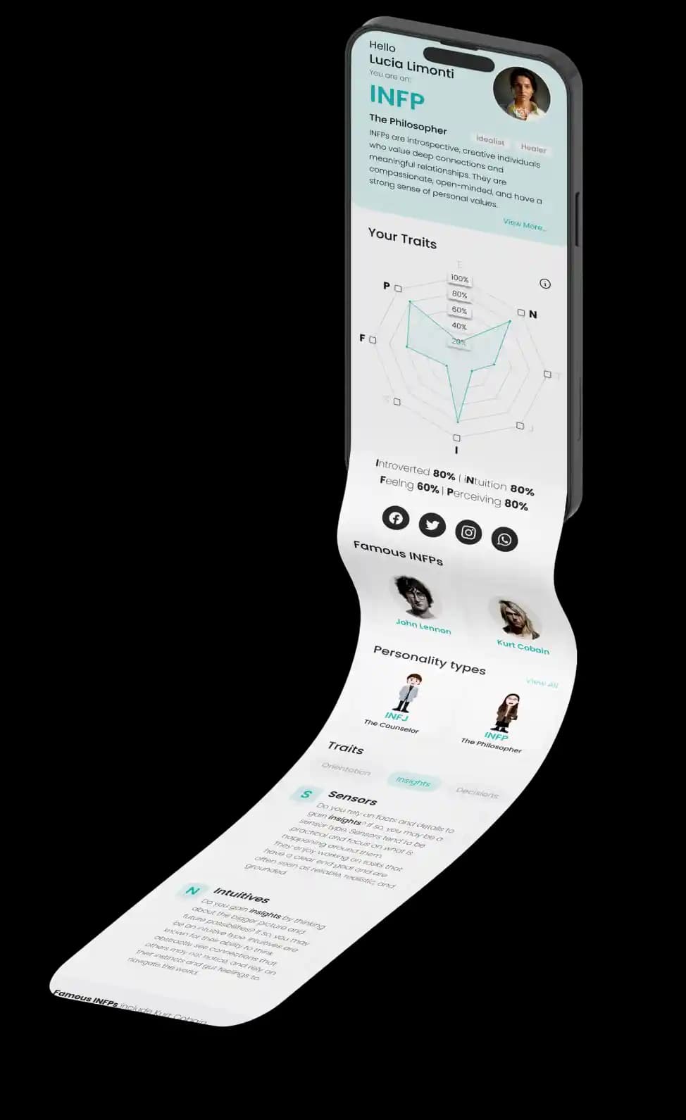 Foldable phone showing a personality profile and trait chart in the app