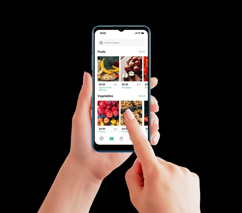 Hand holding a phone showing the Cueillette fruit and vegetable catalog