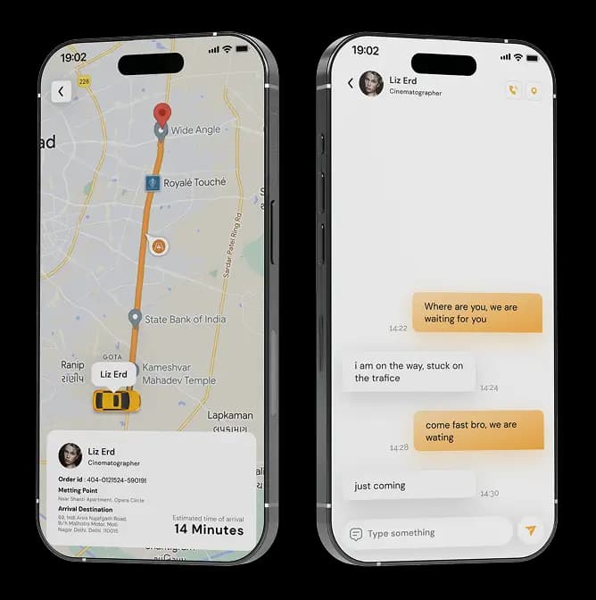 Live photographer tracking map and in-app chat screens