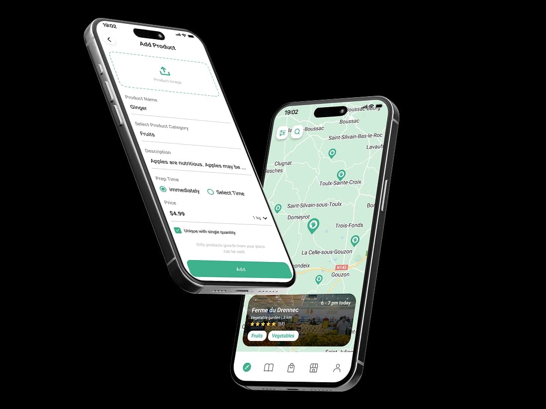 Cueillette Add Product form for sellers next to the farm map with a farm card and rating