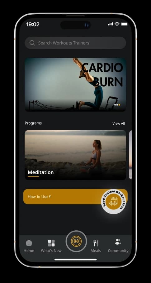 Find Your Fit screen with workout and meditation programs