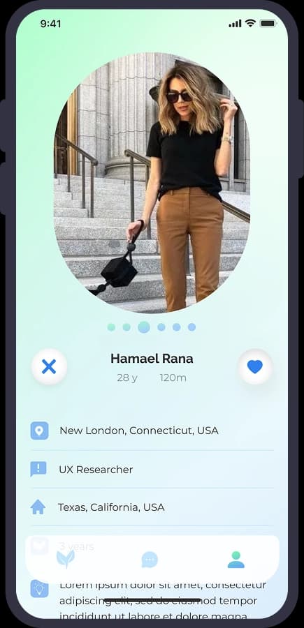 Vegpal match card with photo, location and occupation