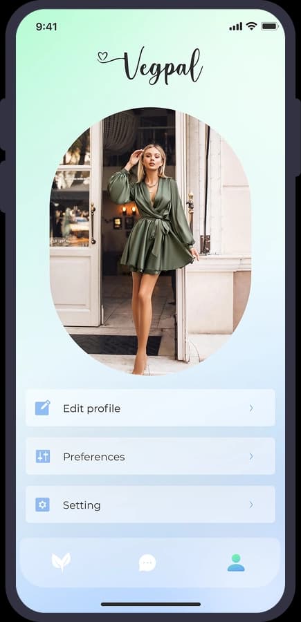 Vegpal profile menu with edit profile, preferences and settings