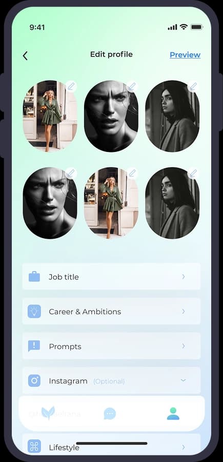 Vegpal edit profile screen with photo grid, career and prompts