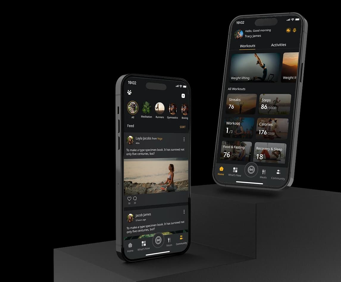 FitPlus app home and workout screens on two phones