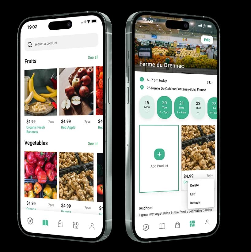 Cueillette marketplace app screens on a phone