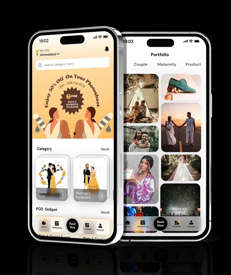 POD home and portfolio screens on two phones