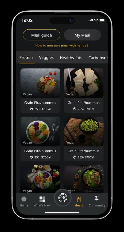 NutriFusion recipe screen with meal categories