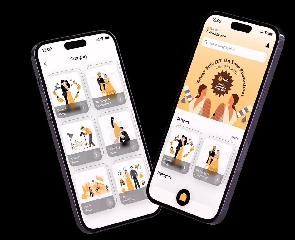 Two phones showing POD photography categories