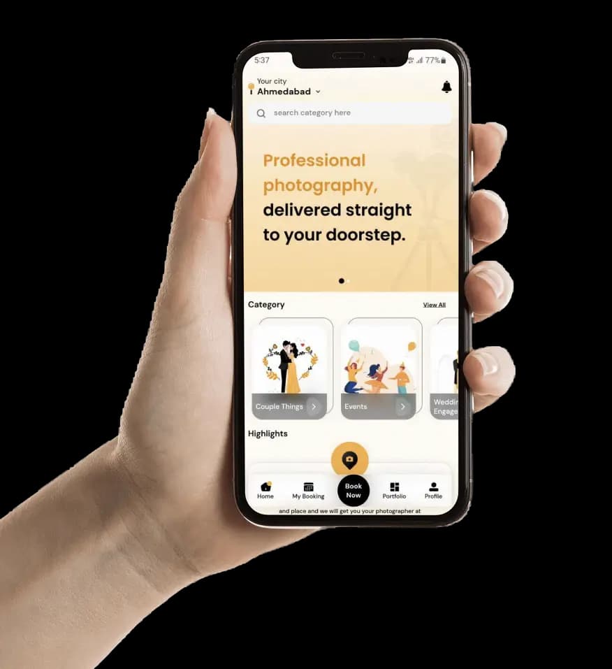 Hand holding a phone with the POD home screen: Professional photography, delivered straight to your doorstep