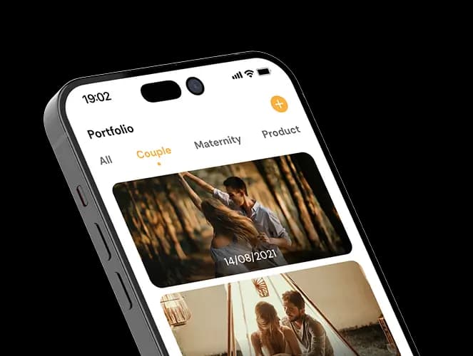 Phone showing a photographer portfolio filtered by Couple