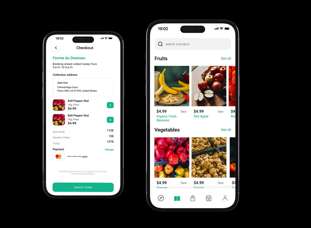 Cueillette checkout screen beside a product catalog of fruits and vegetables with prices