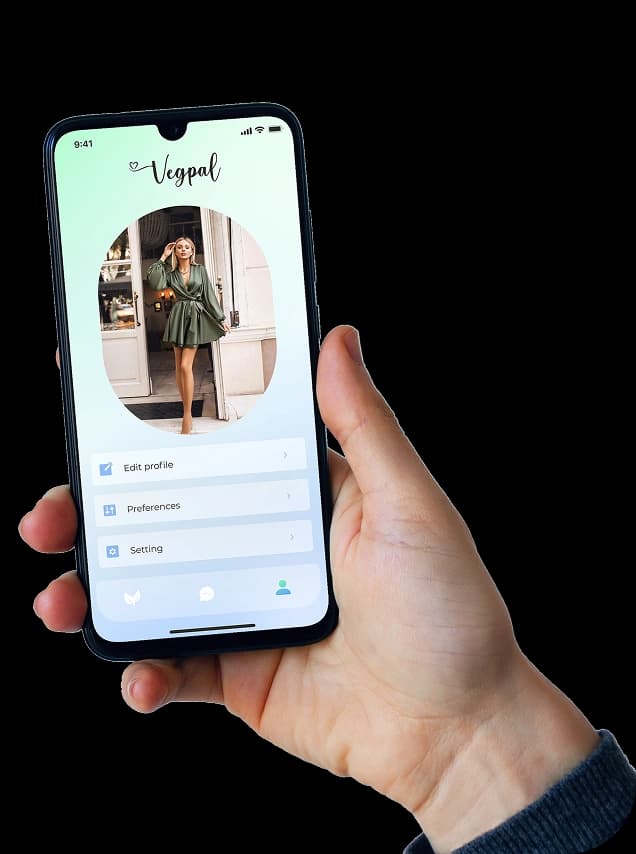 Vegpal profile screen on a phone held in a hand