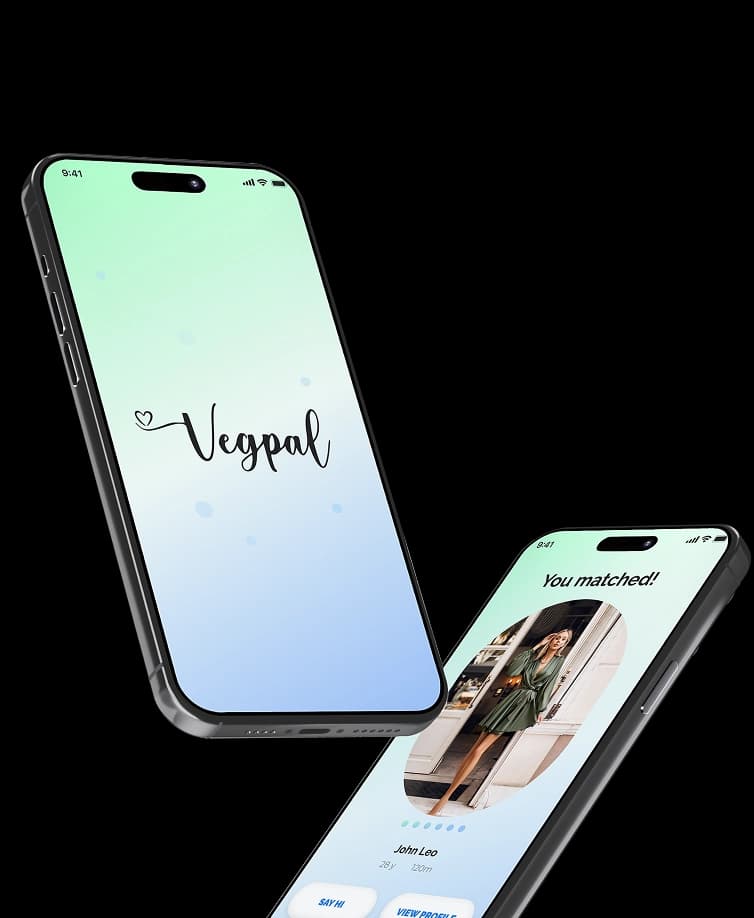 Two phones showing the Vegpal splash and match screens