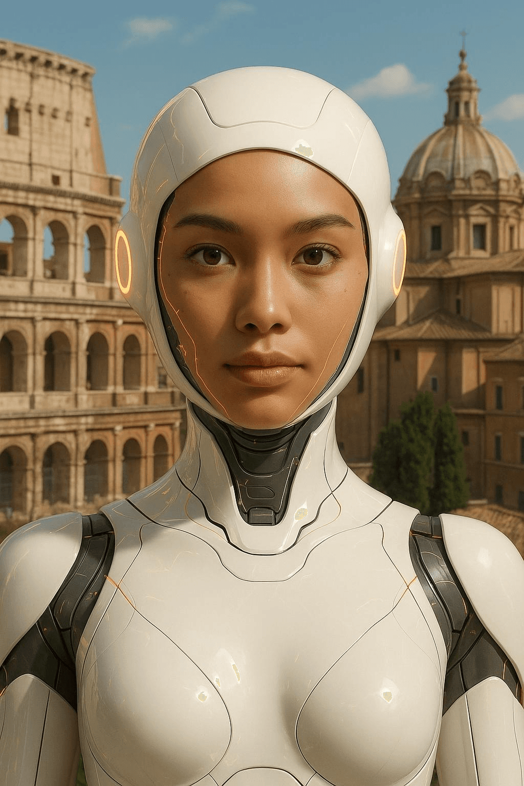 AI-styled portrait of a woman in a white robotic suit in front of the Colosseum