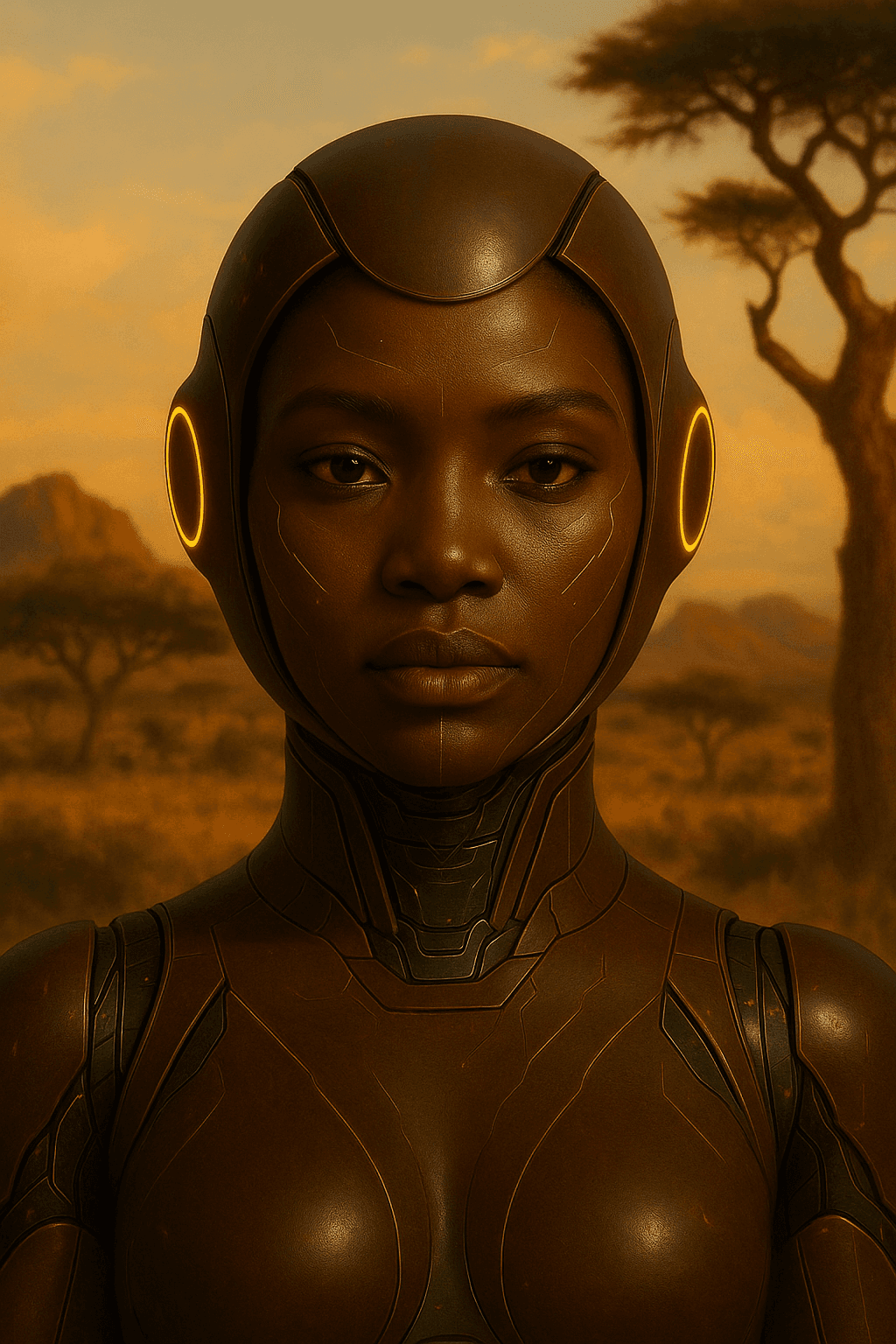 AI-styled portrait of a woman in a robotic suit, overlaid with skin-analysis points