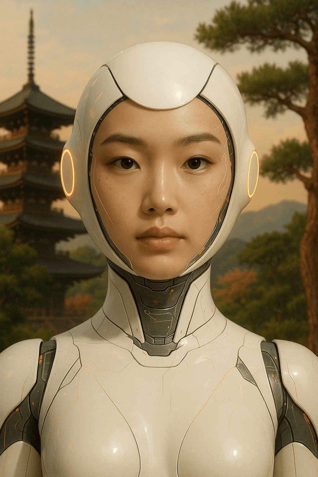 AI-styled portrait of a woman in a white robotic suit before a pagoda