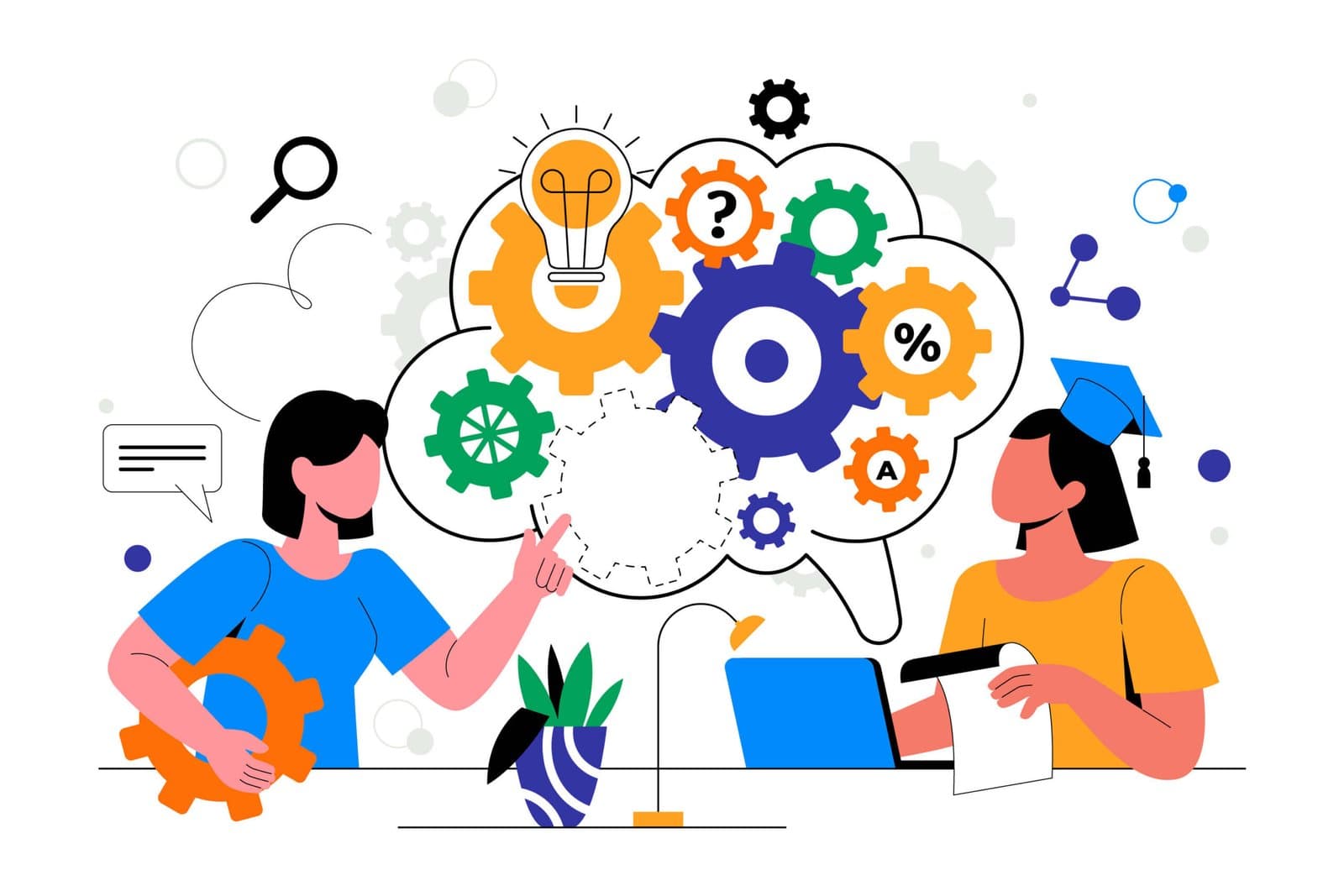 Illustration of two people shaping an idea with gears and a light bulb