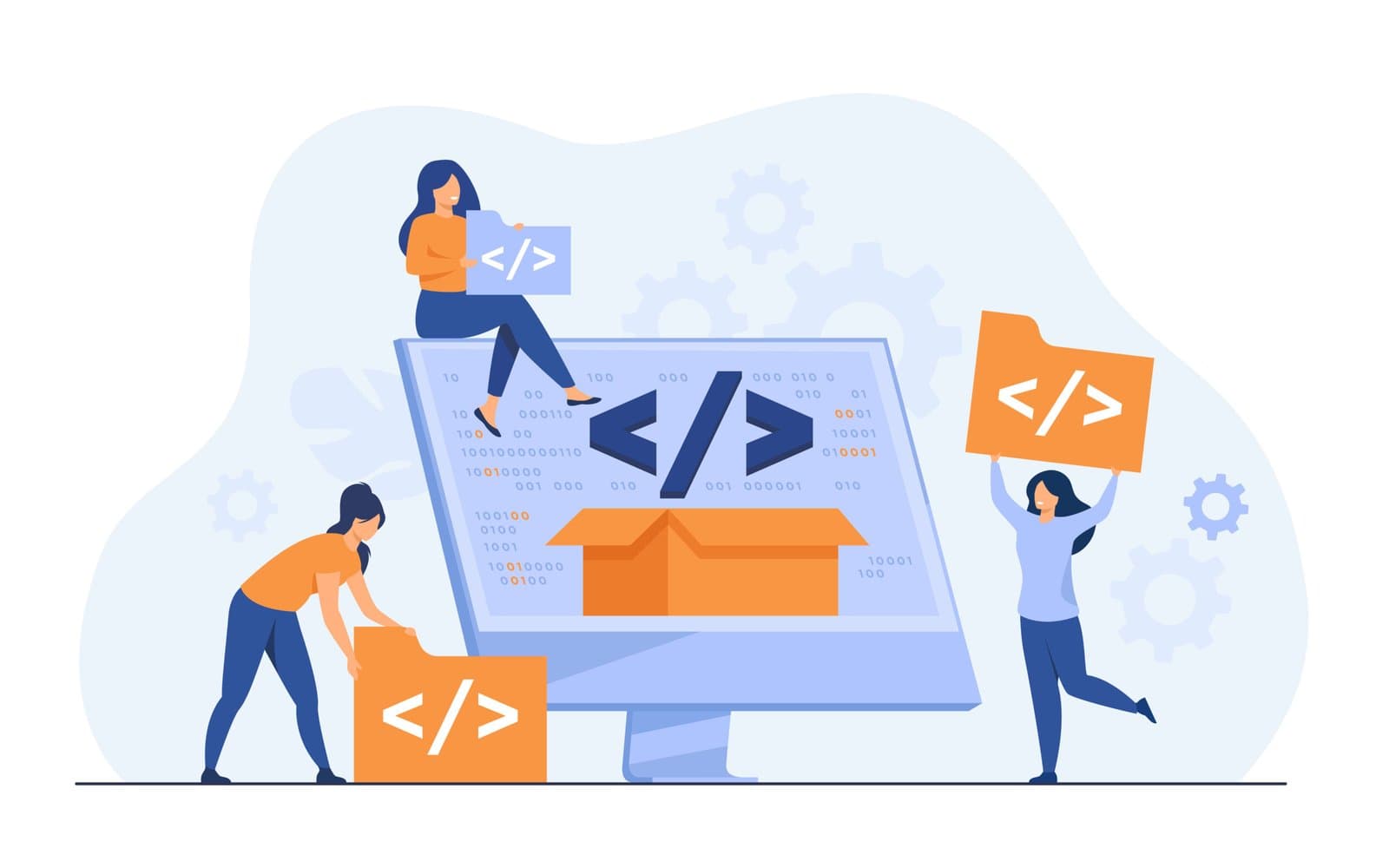 Illustration of developers packaging code on a large monitor