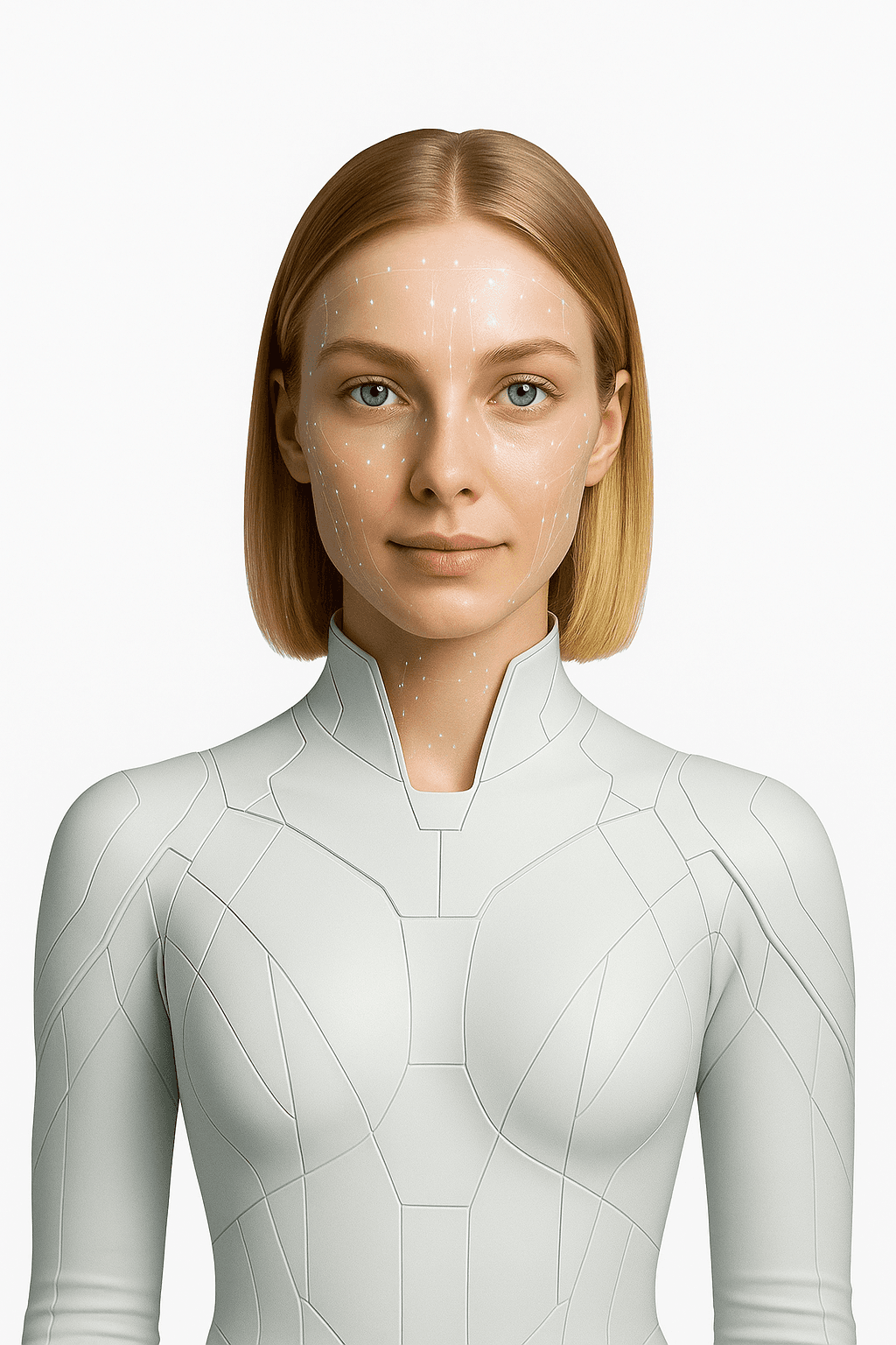 Woman in a white robotic suit, the human-meets-AI idea behind Lisa