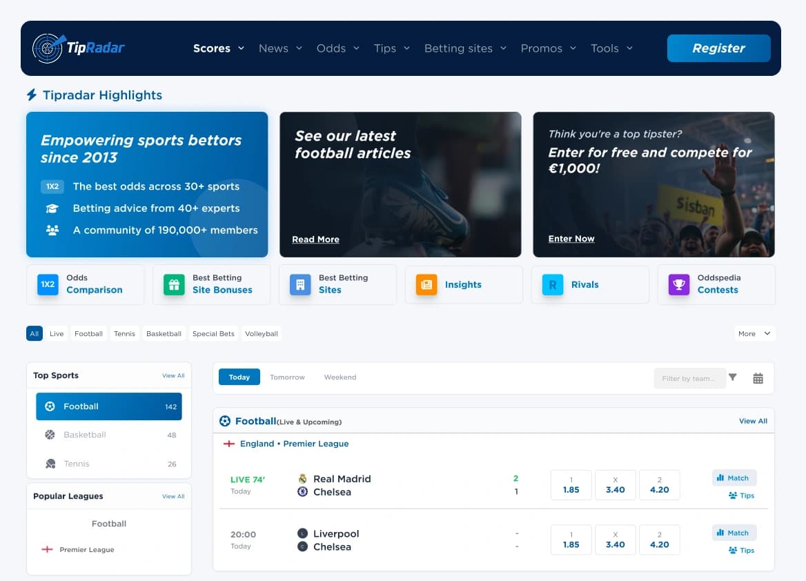 TipRadar home page with highlights, odds comparison and live football fixtures