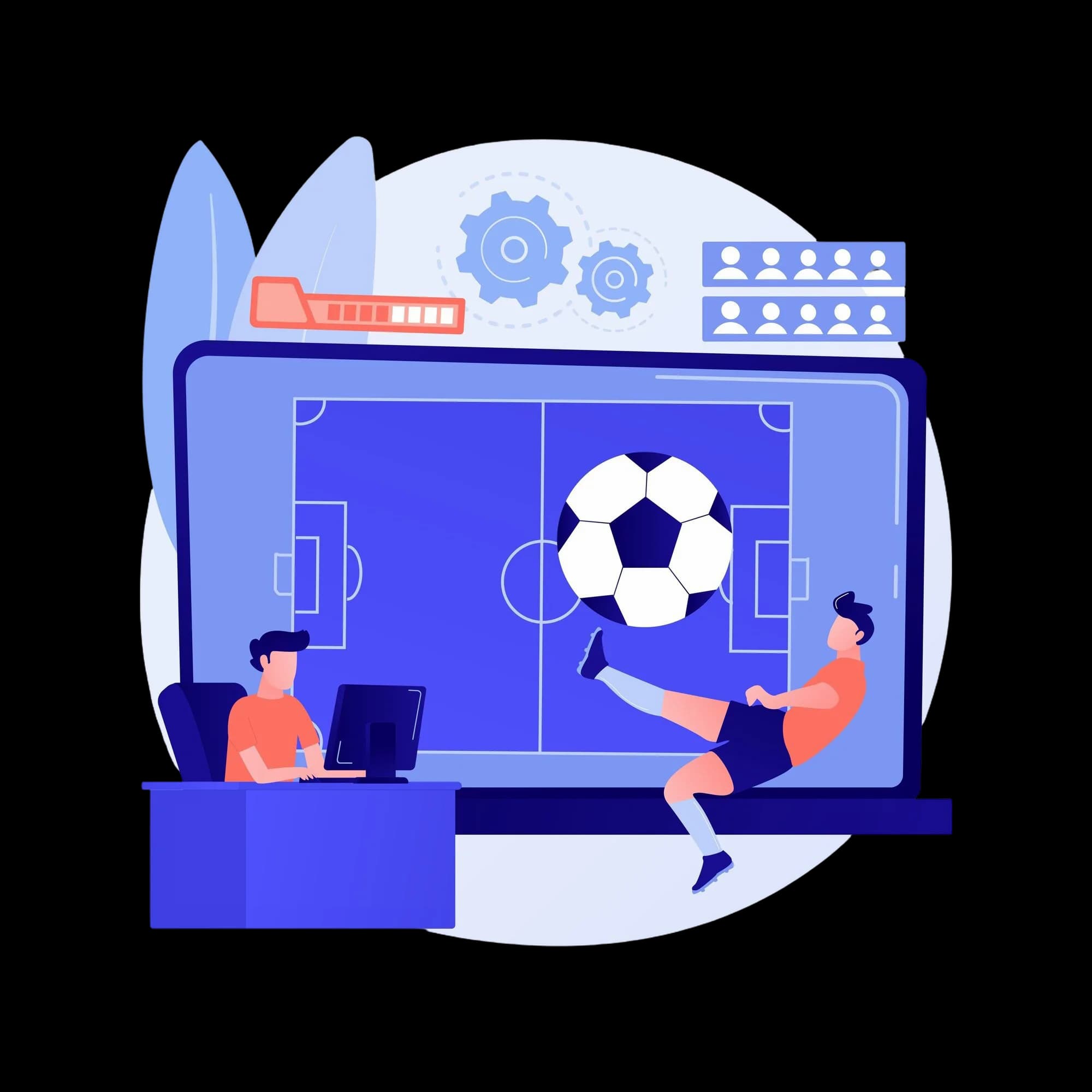 Illustration of an analyst planning beside a large screen showing a football pitch