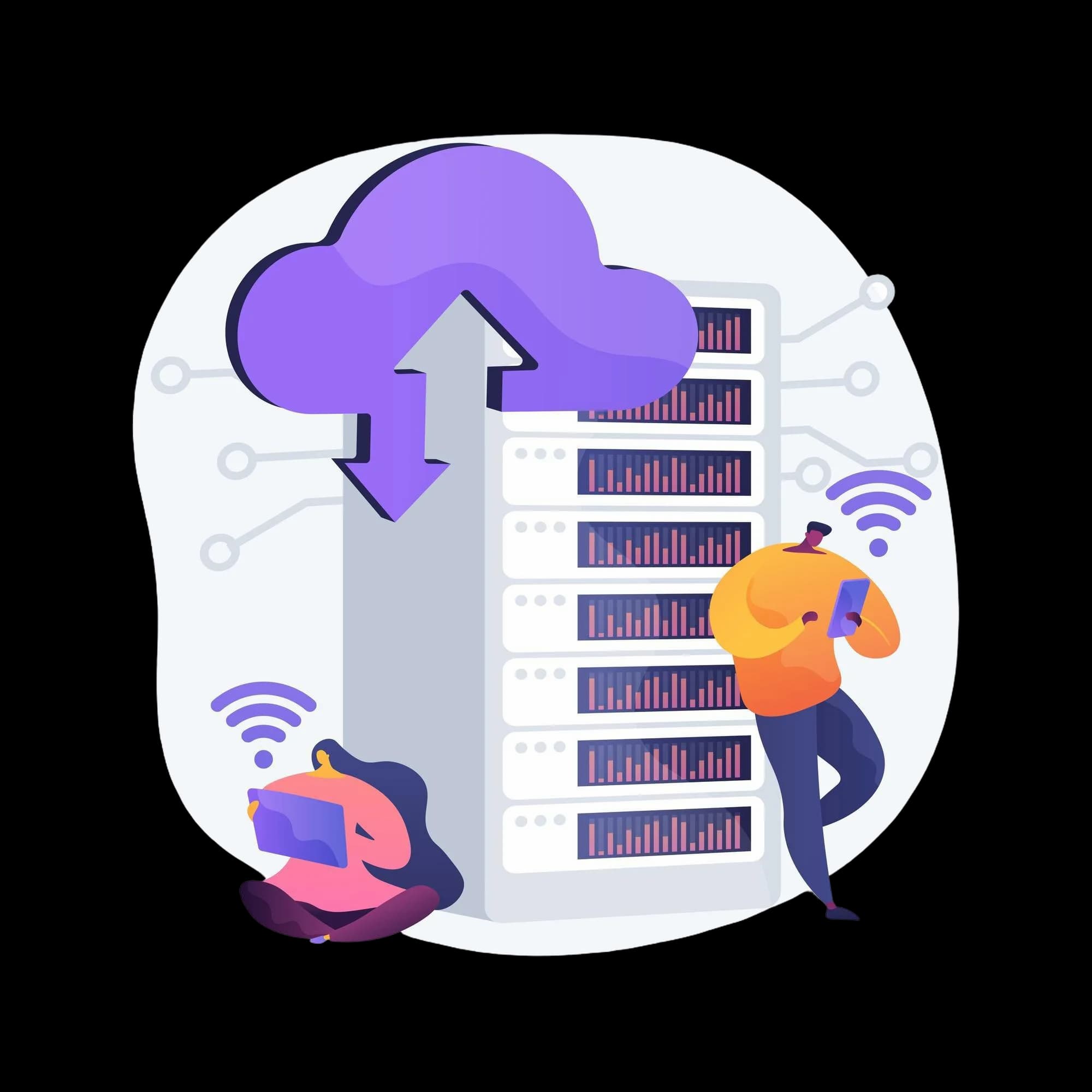 Illustration of cloud servers syncing data to devices