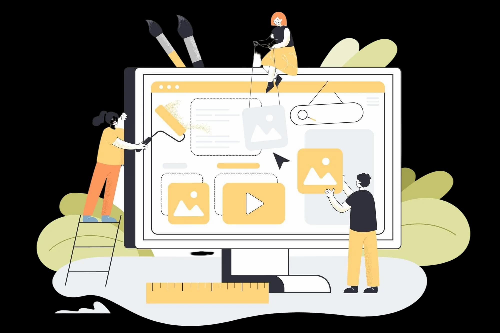 Illustration of designers laying out dashboards and statistics