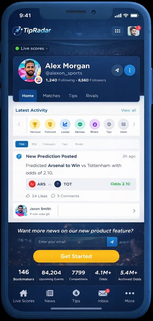 TipRadar mobile profile screen with latest activity and predictions