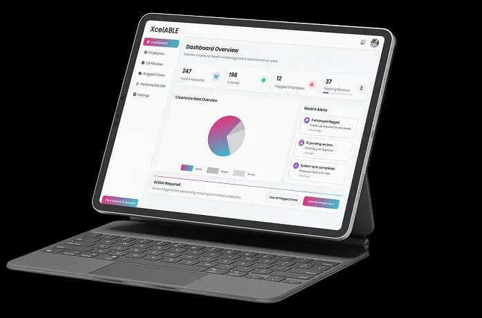 XcelABLE dashboard with charts and clearance stats on a tablet