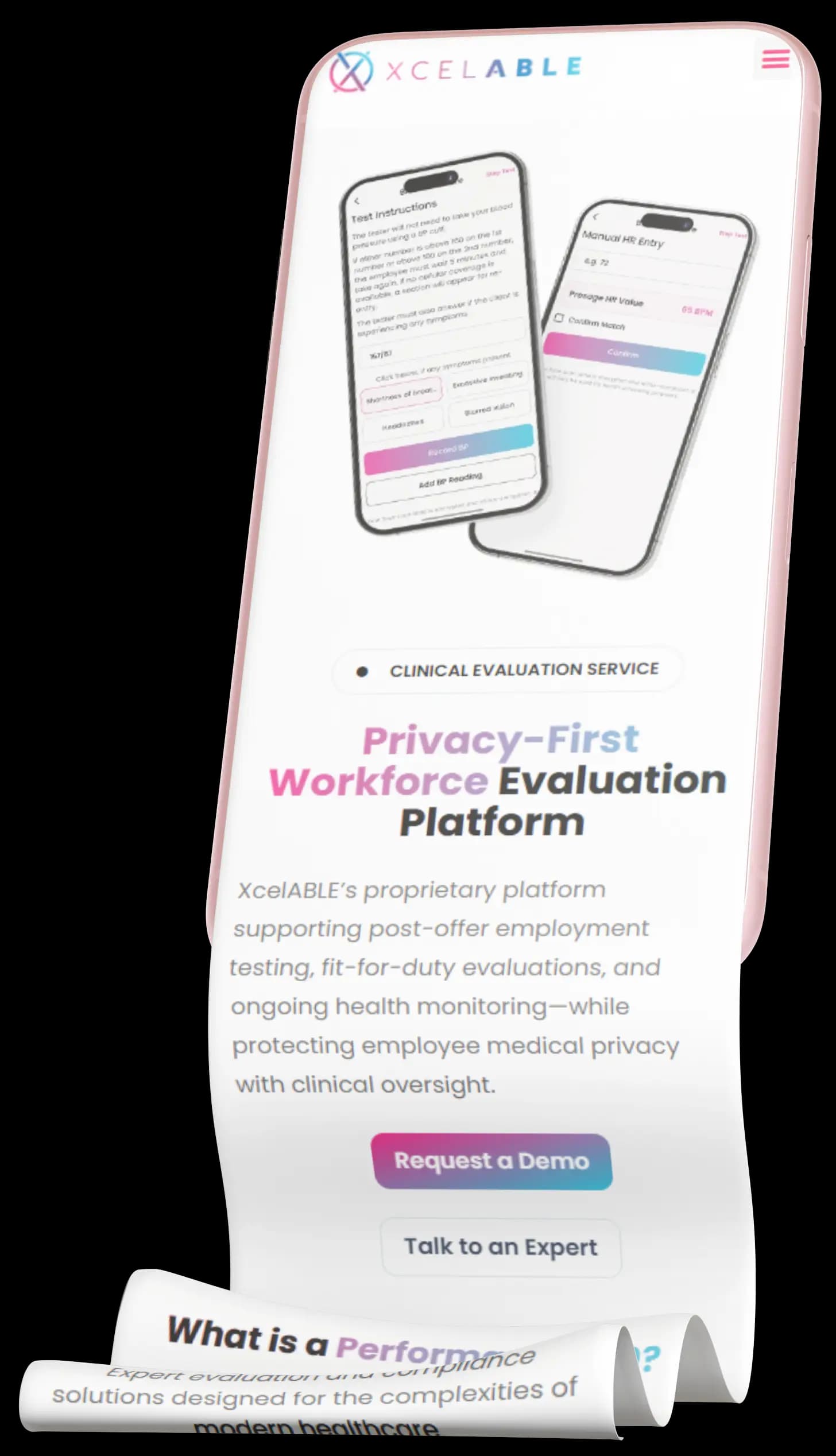 Long-scroll XcelABLE web page, Privacy-First Workforce Evaluation Platform, with mobile screens
