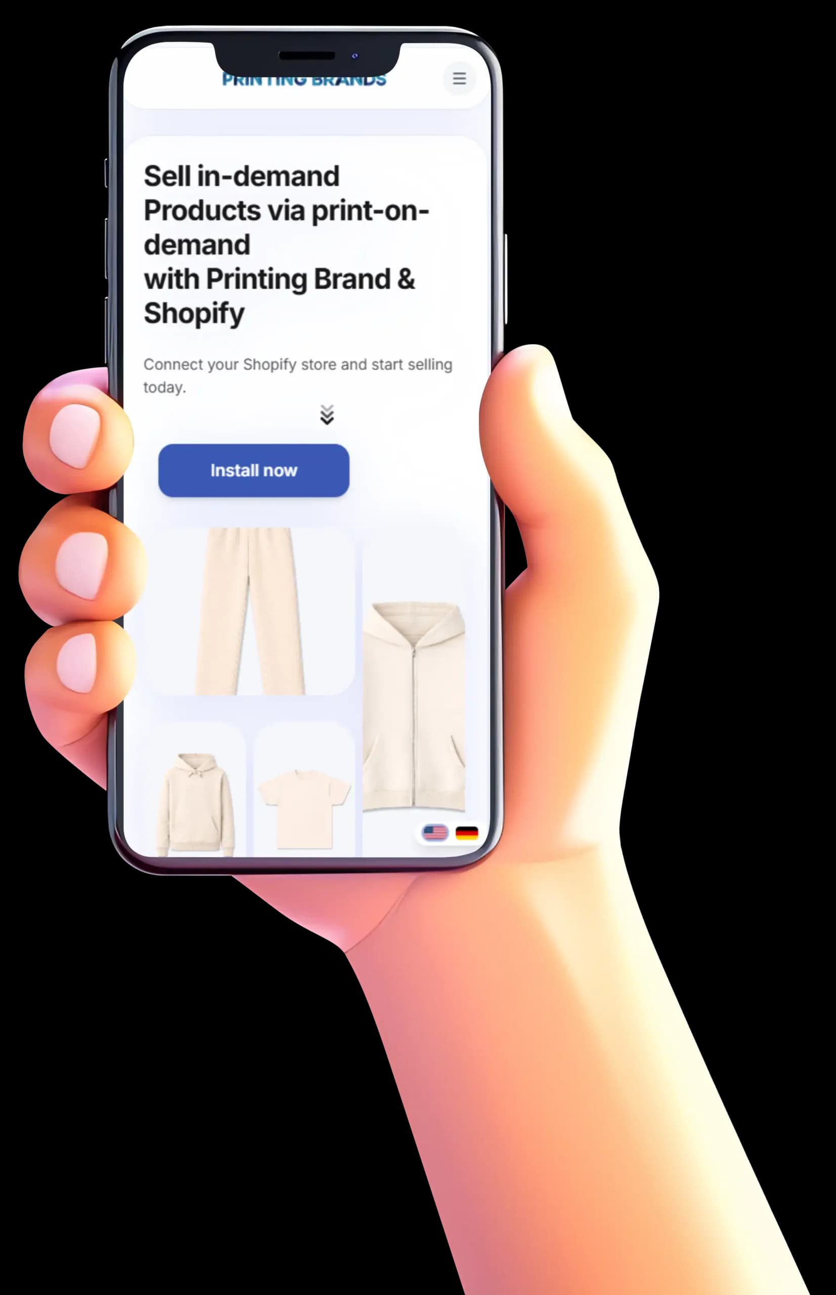 Hand holding a phone with the Printing Brands page: Sell in-demand products via print-on-demand with Printing Brands and Shopify