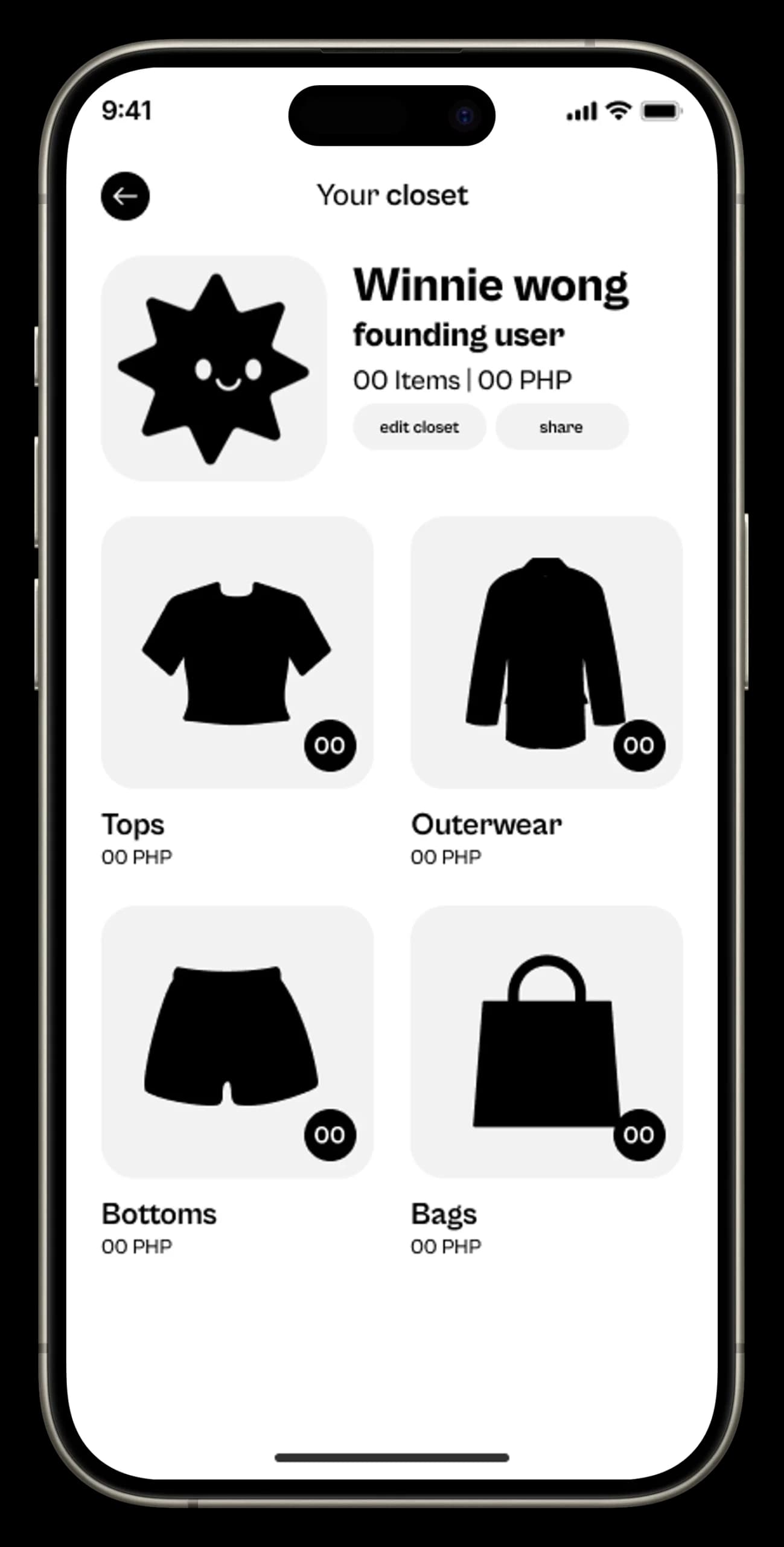 SORTO closet screen with a founding-user profile and tiles for tops, outerwear, bottoms and bags