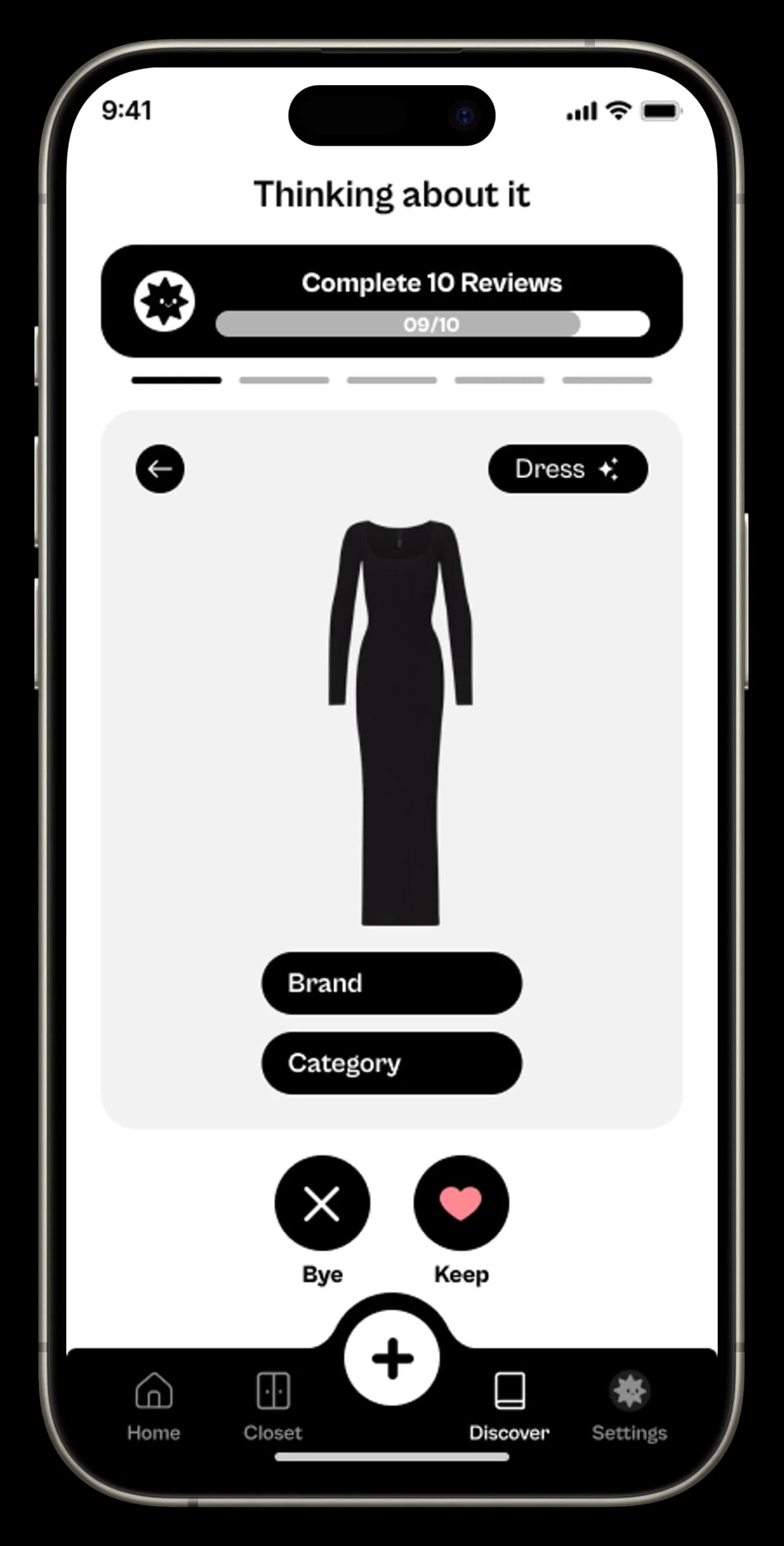SORTO review screen asking the user to keep or let go of a black dress