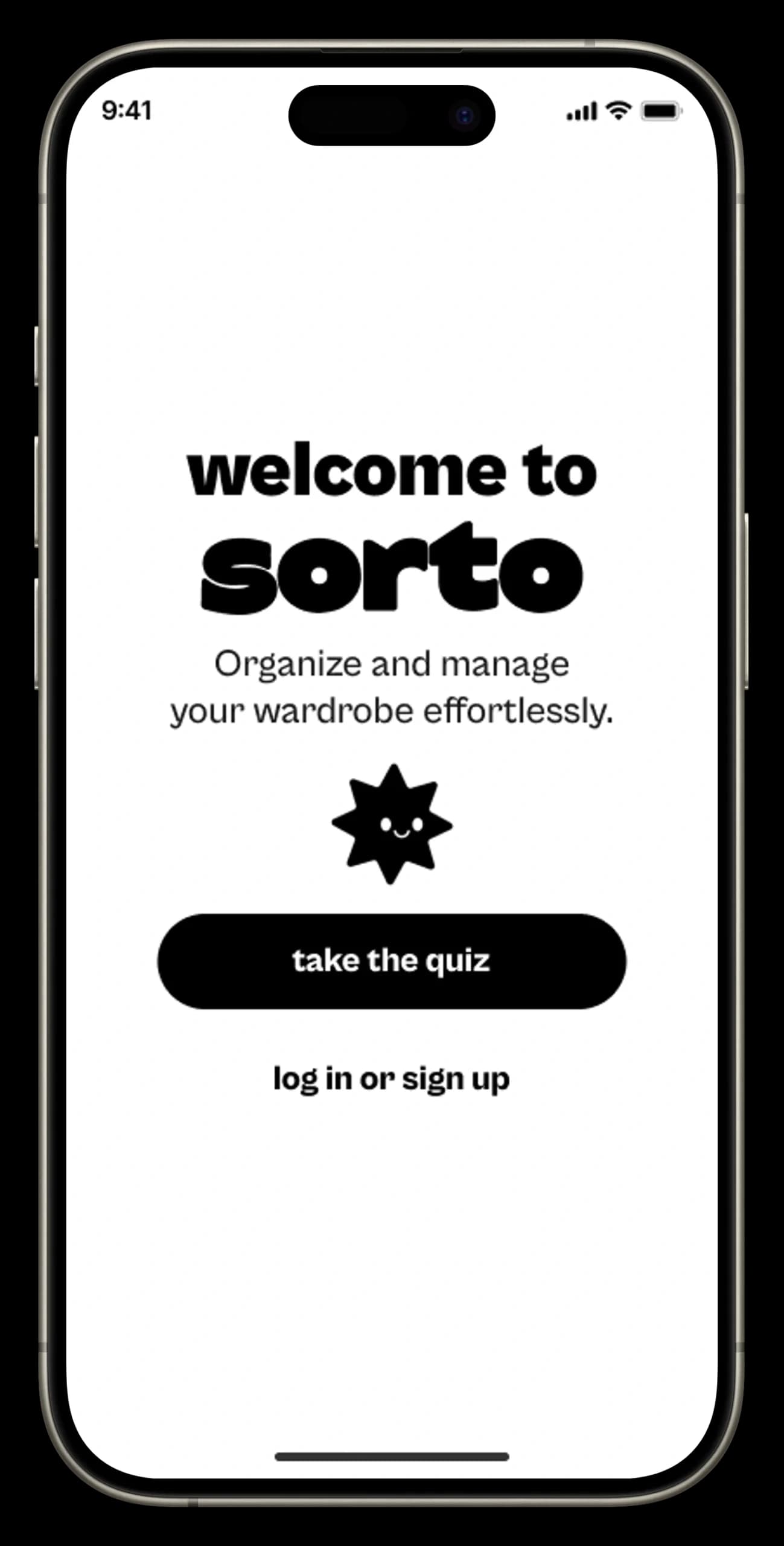 SORTO welcome screen with the star mascot and buttons to take the quiz or log in