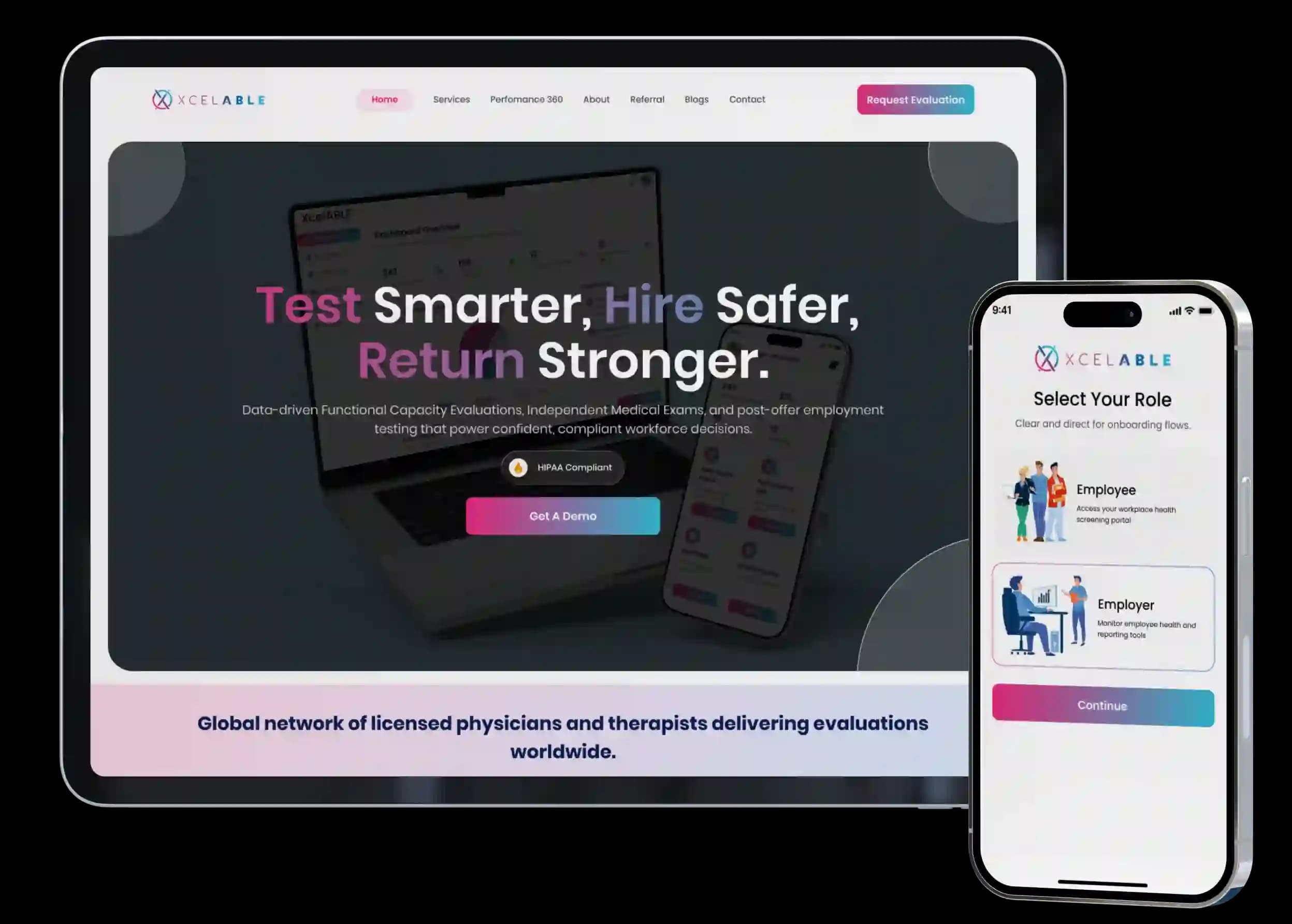 XcelABLE website on a tablet and the role selection screen on a phone