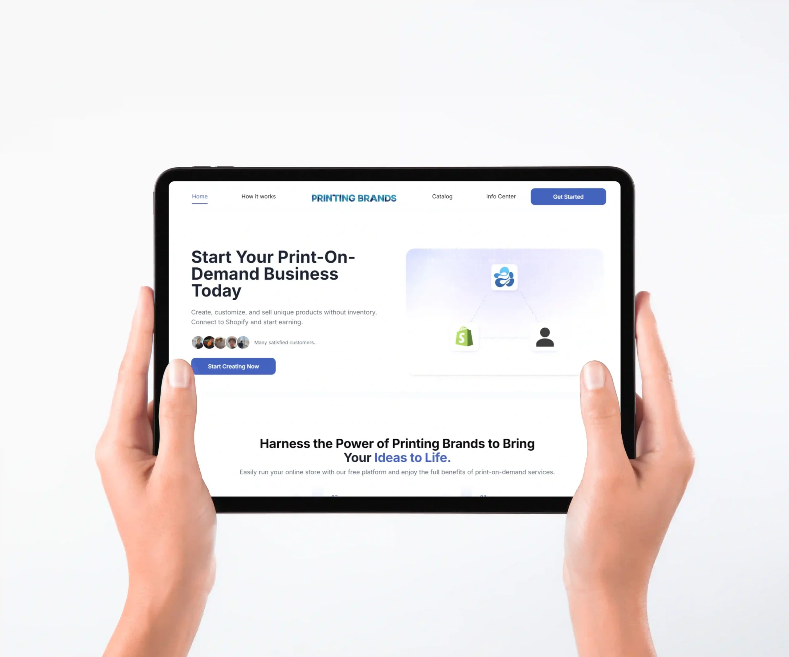 Printing Brands print-on-demand website shown on a tablet