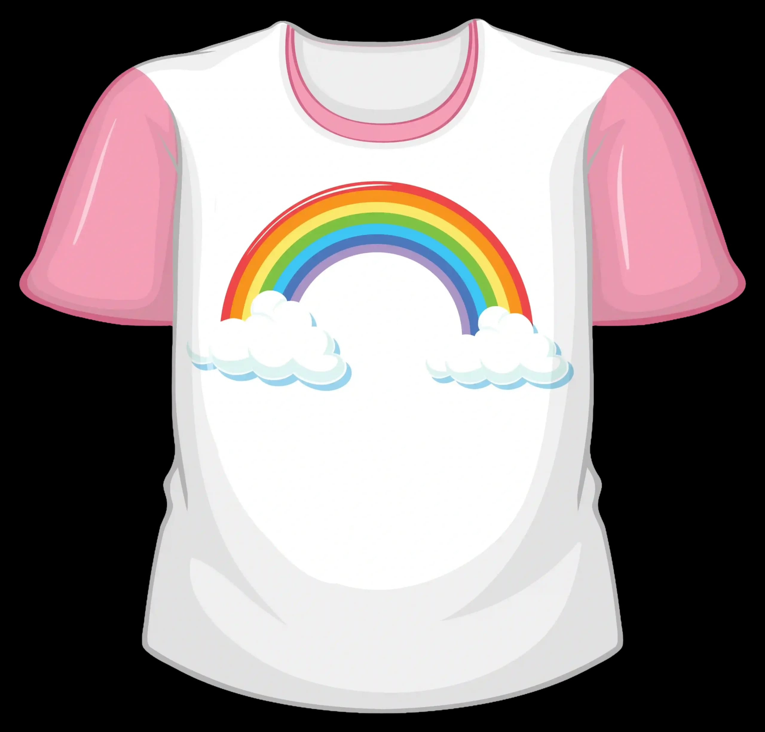 White t-shirt with pink sleeves and a rainbow print