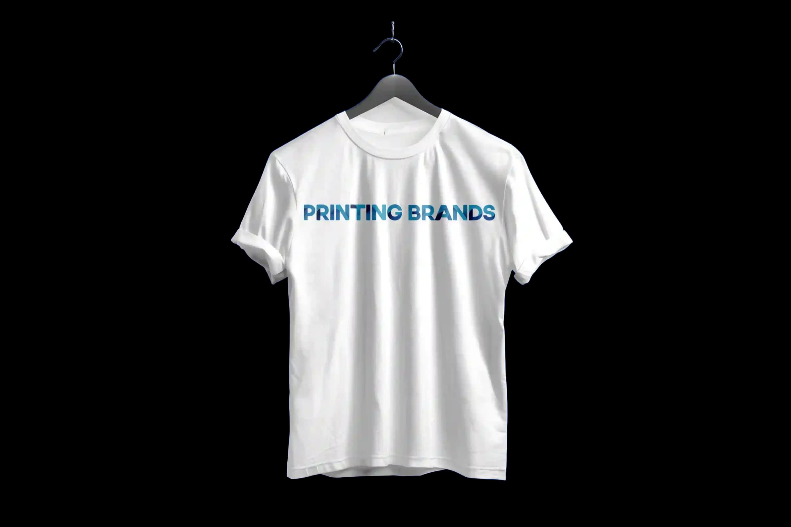 White T-shirt printed with the Printing Brands logo