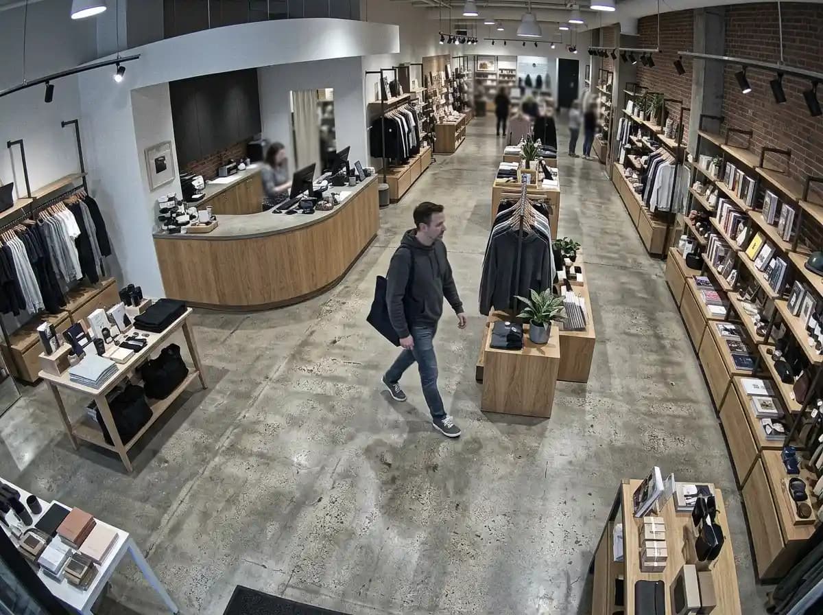 Overhead camera view of a shopper walking past the counter and shelves of a retail store