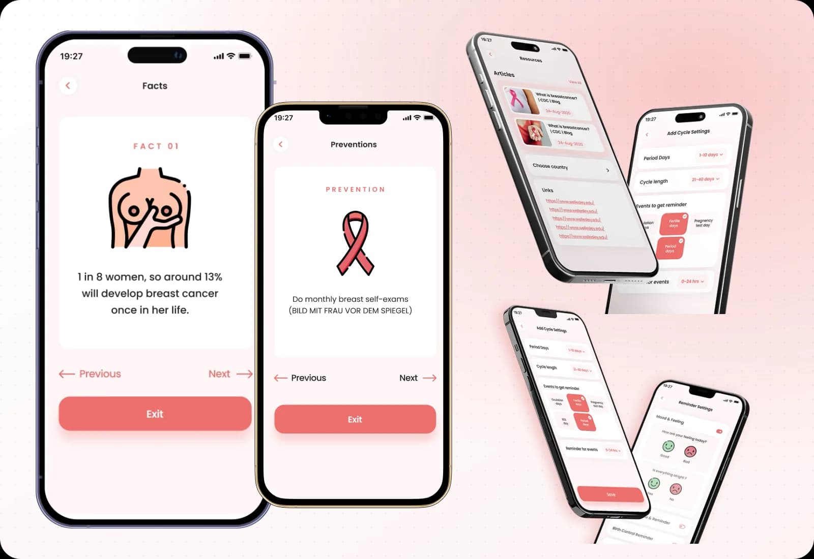 BrestInform screens on phones: the breast cancer fact screen, a prevention tip with the pink ribbon, articles and cycle settings, and reminder settings