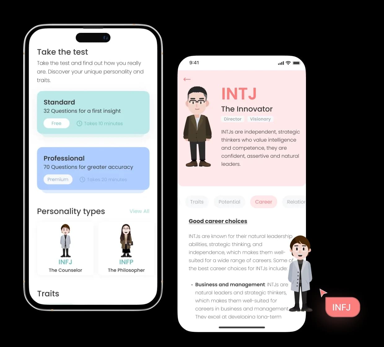 Personality View take-the-test screen and INTJ profile screen on two phones, with the app’s illustrated character and INFJ tag